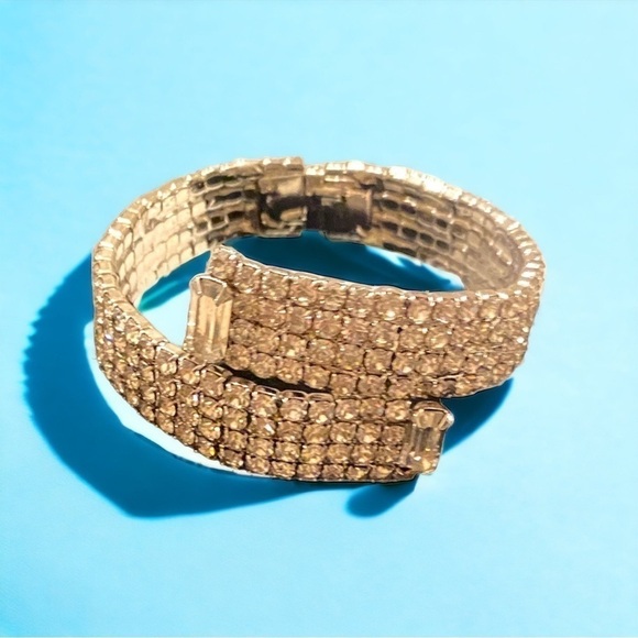 Vintage Silver Toned Round and Baguette Rhinestone Wrap Hinged Bracelet - Picture 4 of 4
